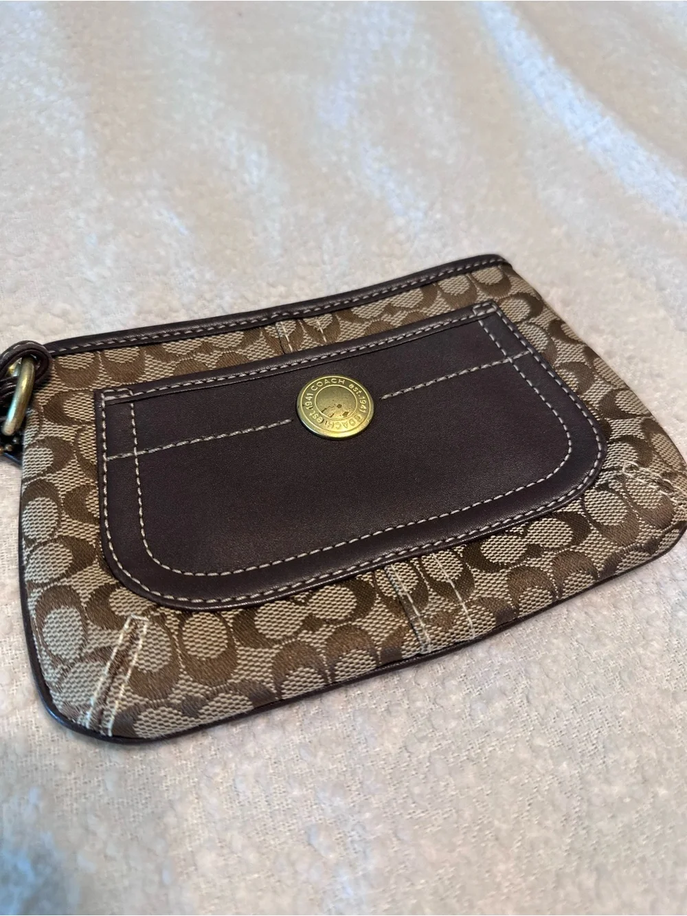 Coach Mini Signature Jacquard Canvas Wristlet in Brown and Dark Brown